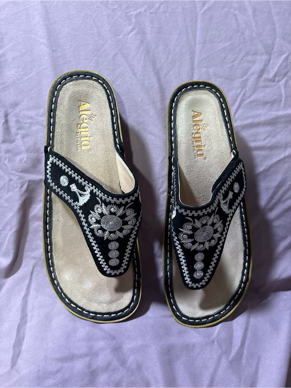Alegria Black Embroidered Women's Slide Sandals